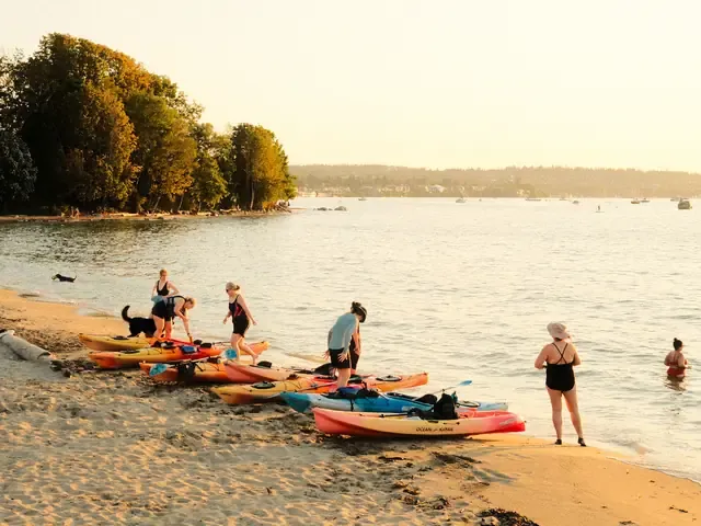 Des kayaks alignés sur une plage, le groupe se met à l'eau