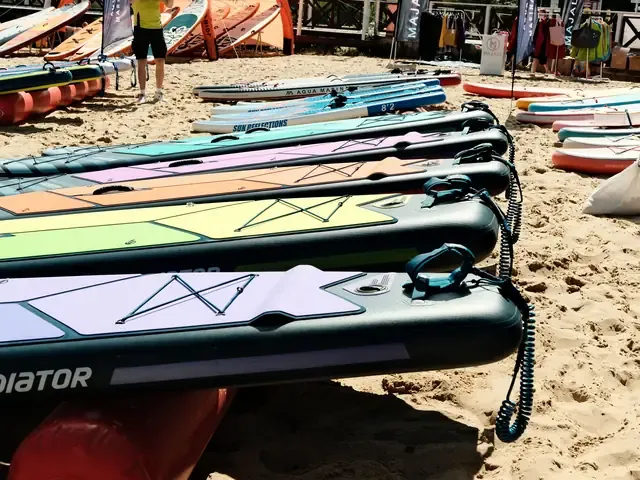 Des planches de paddle rangées côte à côte sur le sable