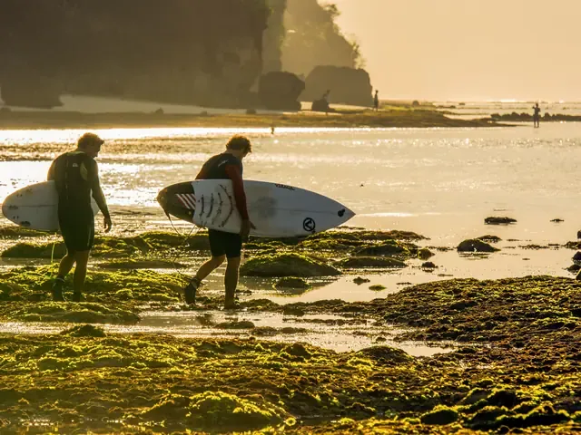 Deux surfeurs remontent la plage, planche sous le bras, en fin de journée